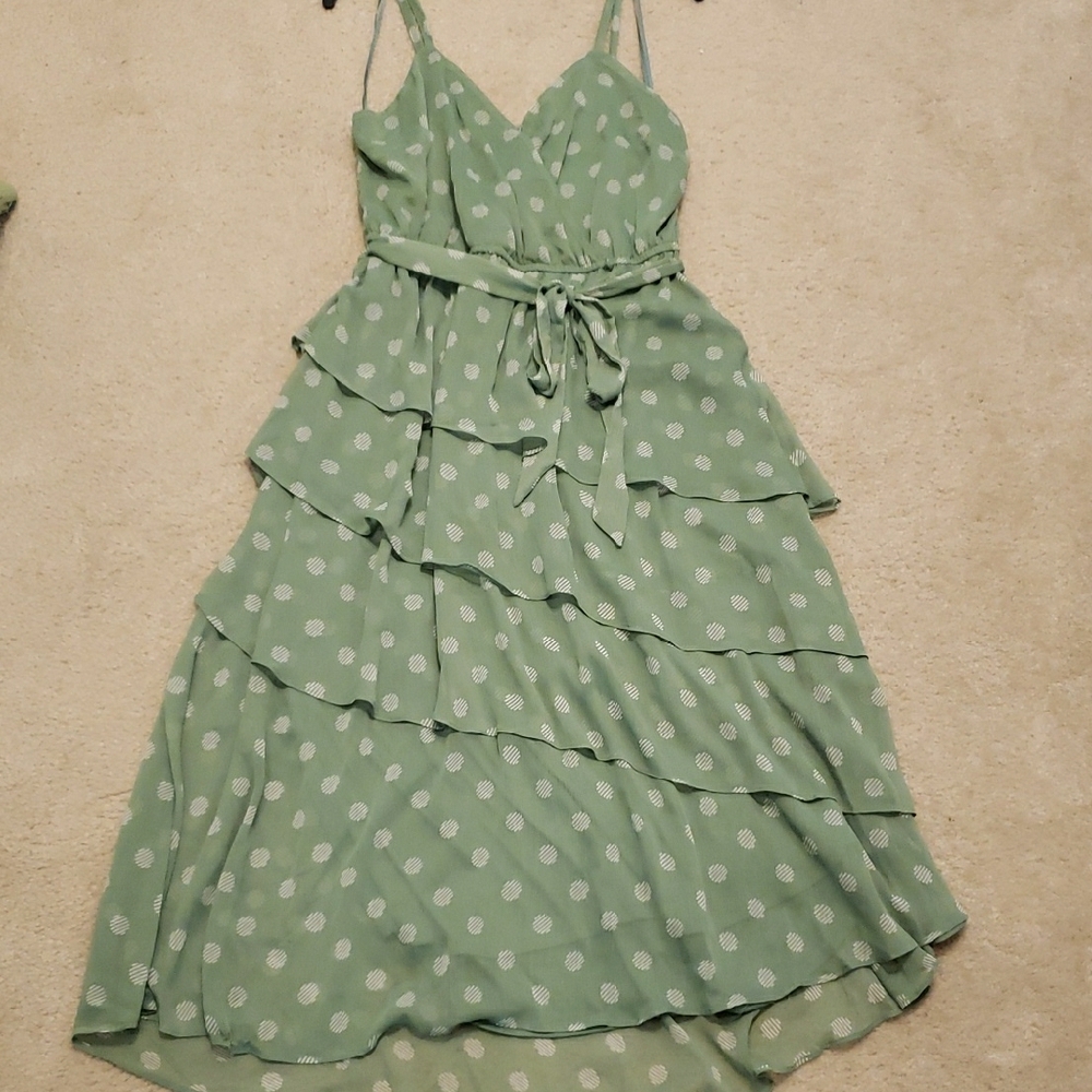 LC Lauren Conrad Sage Green Polka Dot Tiered Midi Dress